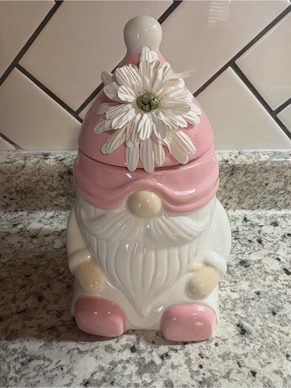 Martha Stewart Pink and White Gnome Ceramic Jar Candle with Flower Lid